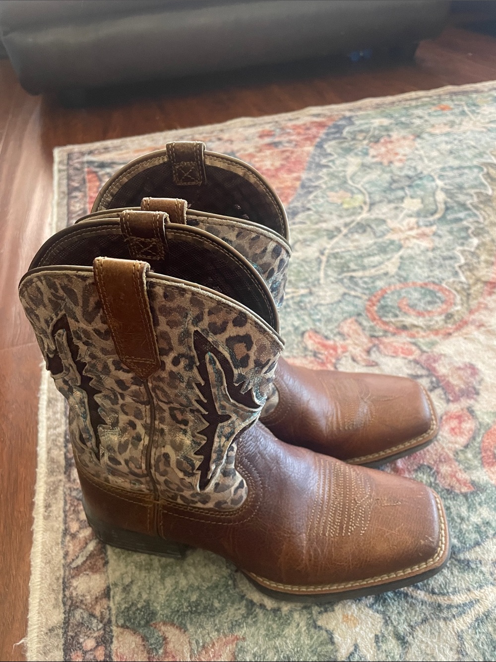 Ariat Girls Brown Leather Cowgirl Boots with Leopard Shaft